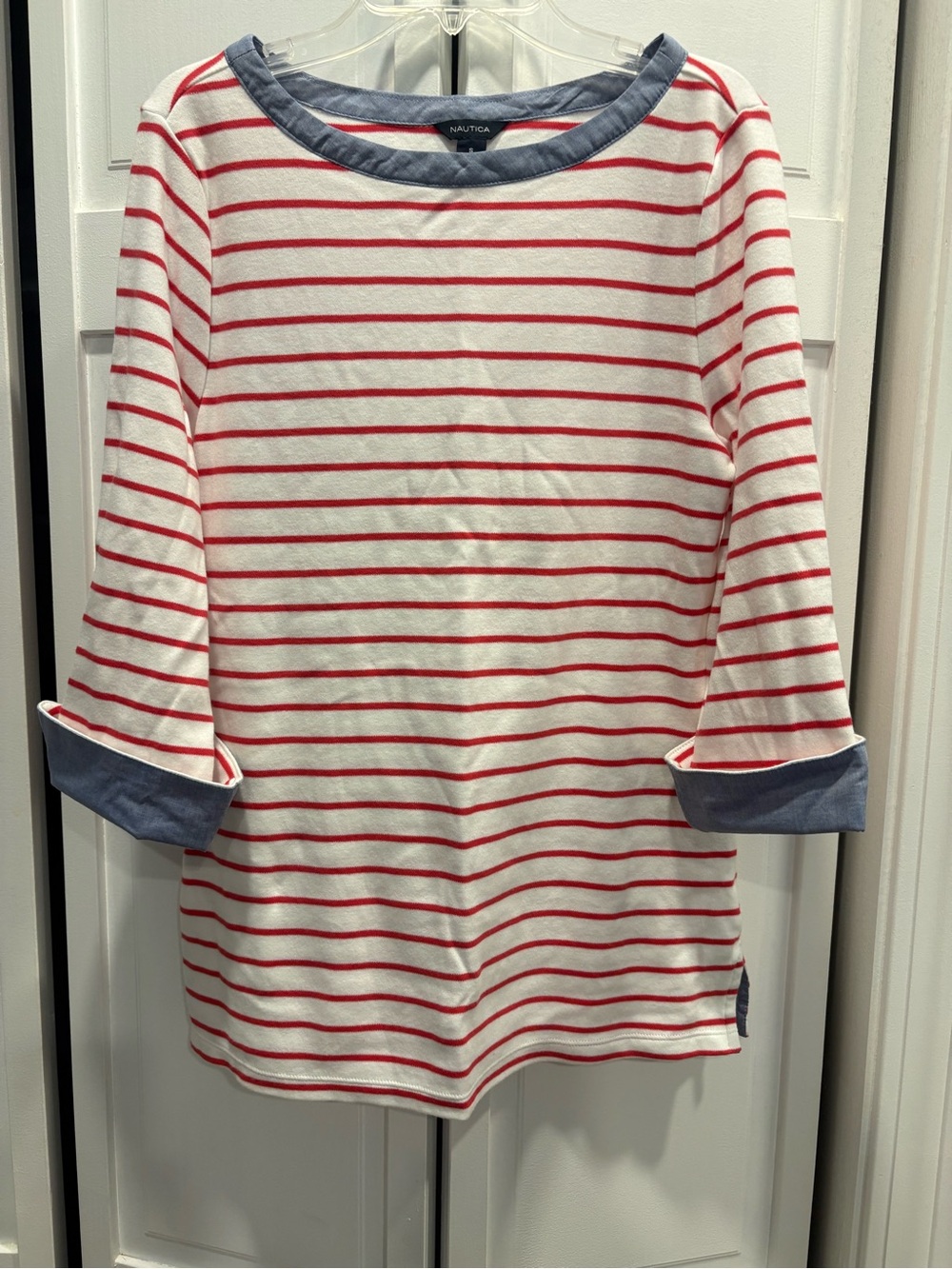 Nautica Red Stripe Knit Top with Blue Trim